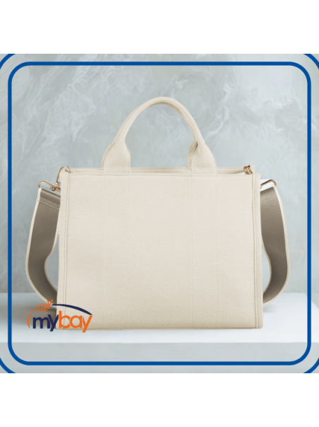 Borsa tote in tessuto twill con tracolla regolabile, manici corti, imbottita e strutturata.