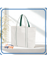 shopper grande in cotone riciclato bianco con manici verdi e profili a contrasto