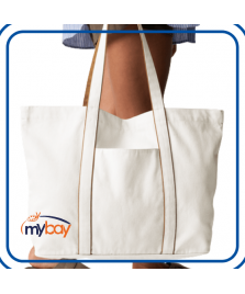 shopper grande in cotone riciclato bianco con manici verdi e profili a contrasto