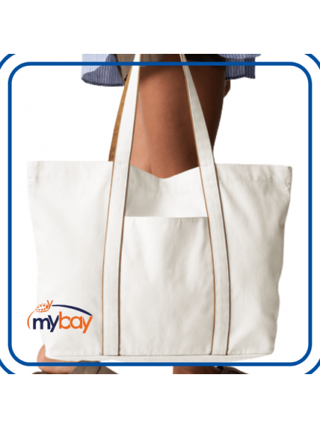 shopper grande in cotone riciclato bianco con manici verdi e profili a contrasto