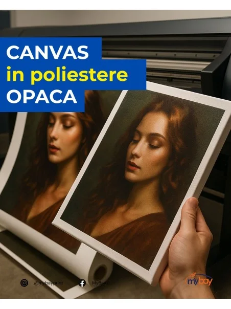 Tela canvas poliestere opaca 220 g/m², finitura matt anti-riflesso, ideale per stampa fotografica eco-solvente.