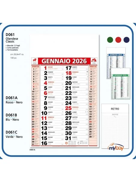 Calendario Olandese Bilaterale – 12 fogli 28,8x47 cm con testata personalizzabile
