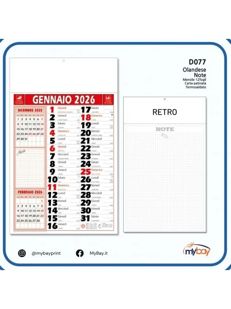 calendario olandese note 12 fogli 28,8x47 cm tre colori
