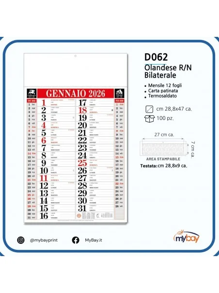 calendario olandese bilaterale rn 12 fogli 28,8x47 cm carta patinata