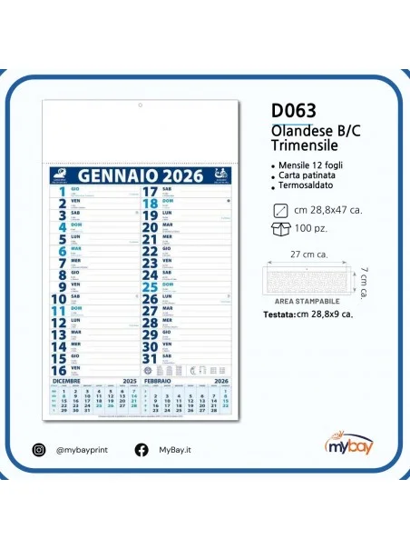 calendario olandese trimensile 12 fogli 28,8x47 cm carta patinata