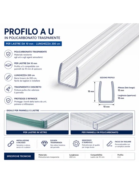 Profilo ad “U” 2 mt per pannelli 4-6-10-19 mm