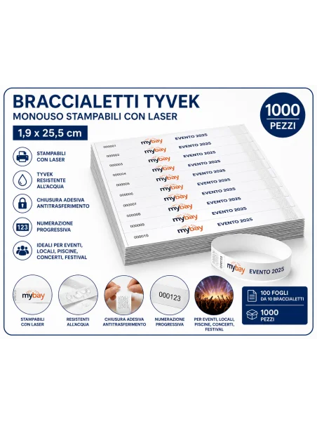 Tyvek bianco, laser, 1000 pezzi, 1,9x25,5 cm, numerati, impermeabili, chiusura adesiva
