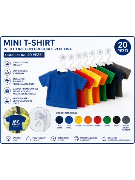 100% cotone, 140 g/m², 20 pezzi, gruccia e ventosa incluse, colori assortiti, gadget promozionale