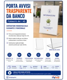 Porta avvisi trasparente monofacciale A4/A5, bordo molato lucido, foglio sostituibile, uso banco e reception.