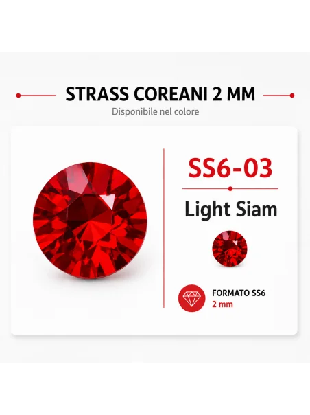 Strass coreani SS6-03 Light Siam da 2 mm, termoadesivi, confezione da 72000 pezzi.