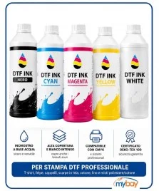 Inchiostri DTF CMYK e bianco per stampanti tessili professionali