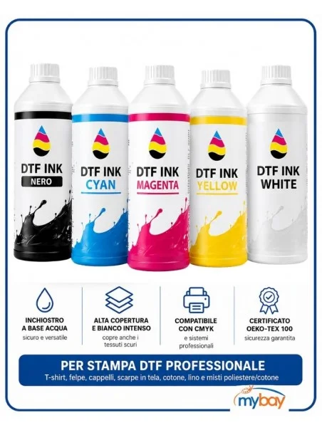 Inchiostri DTF CMYK e bianco per stampanti tessili professionali